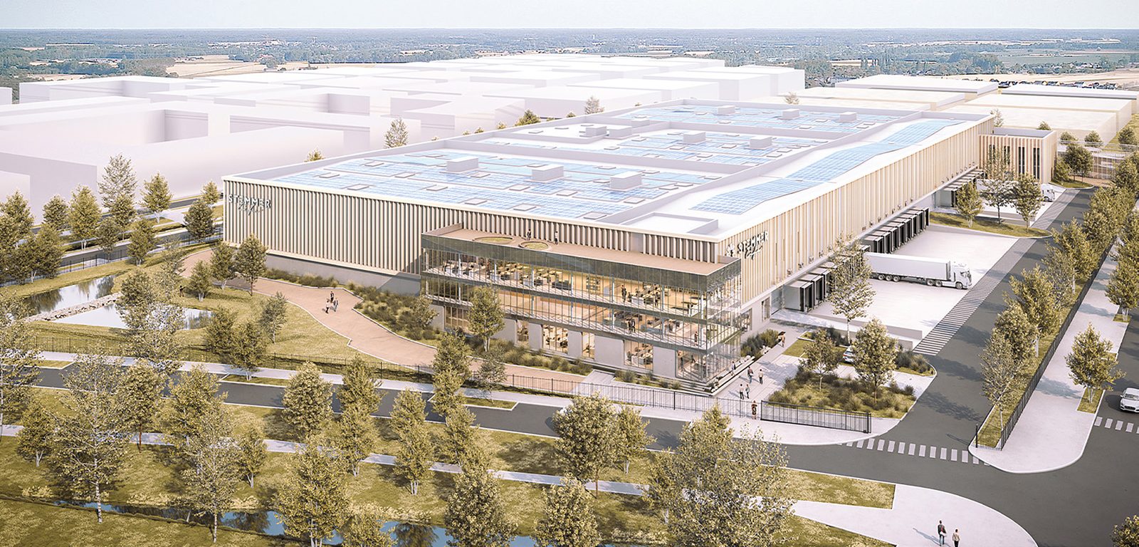 Vue aérienne de la nouvelle plateforme logistique Promodentaire à Tremblay-en-France